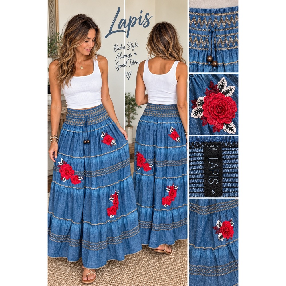 Lapis Skirt Floral Embroidered Tiered Denim Look Smocked Boho Maxi Size S